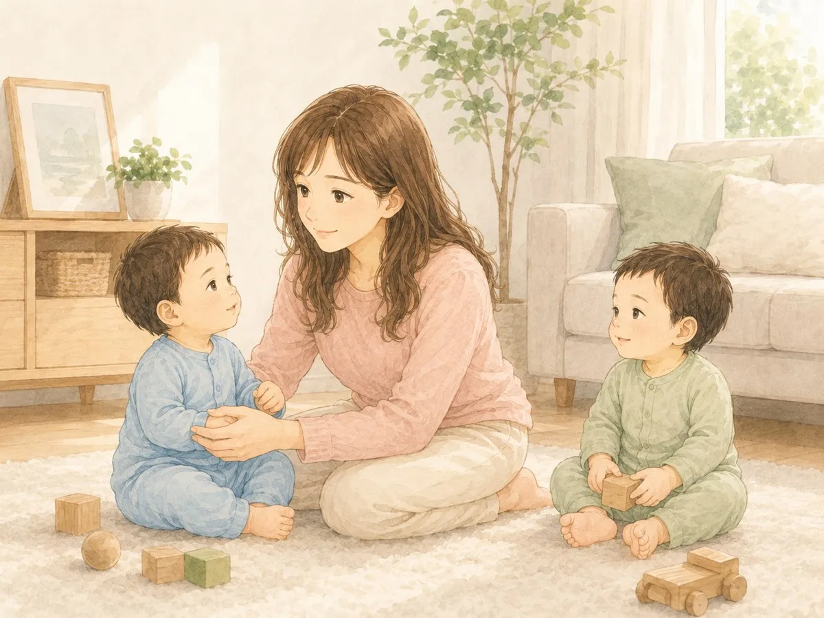 退院後の家で、双子の片方にやさしく向き合うママの水彩イラスト