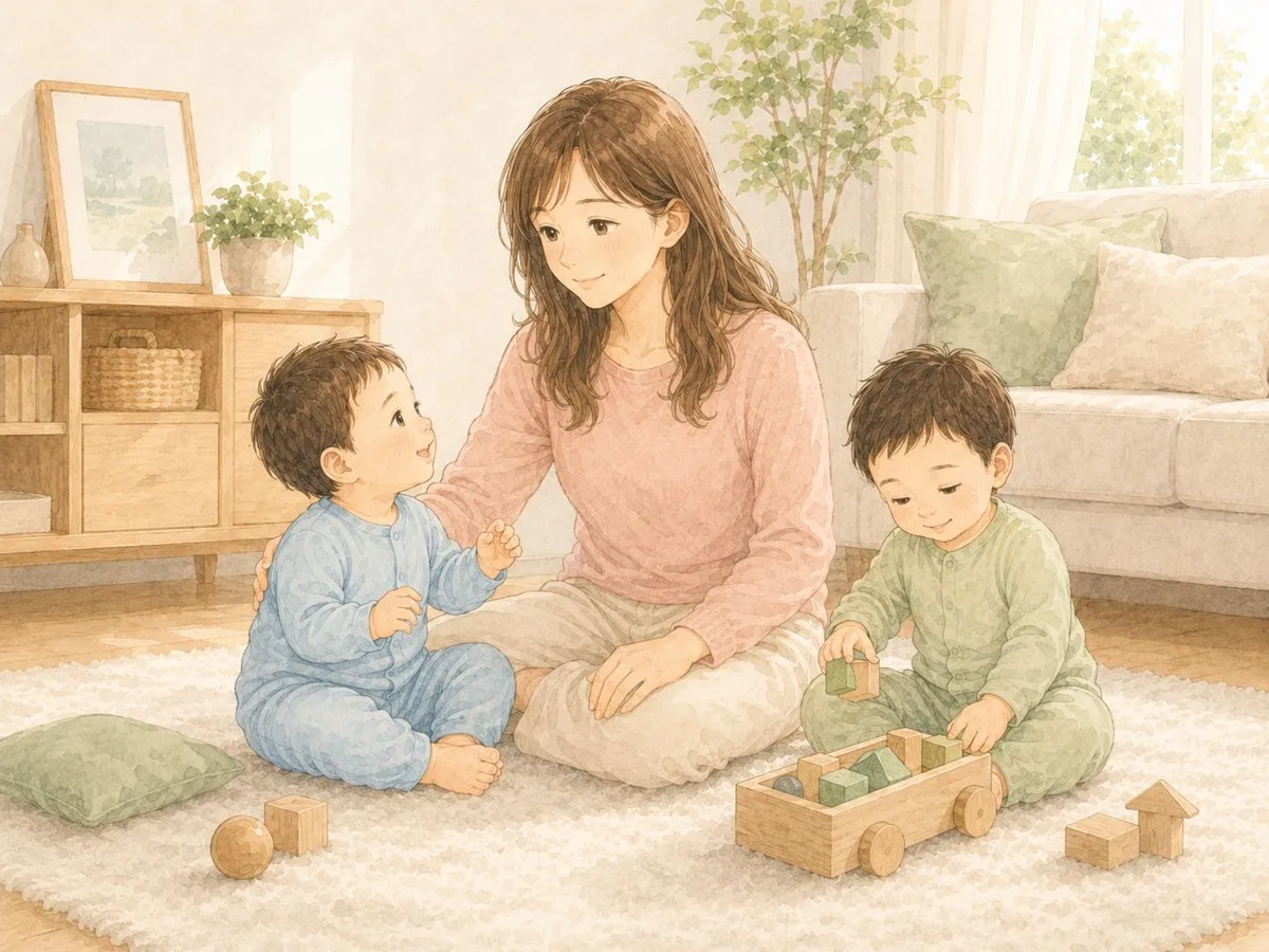 双子それぞれの違いを個性として愛おしく見守るママの水彩イラスト