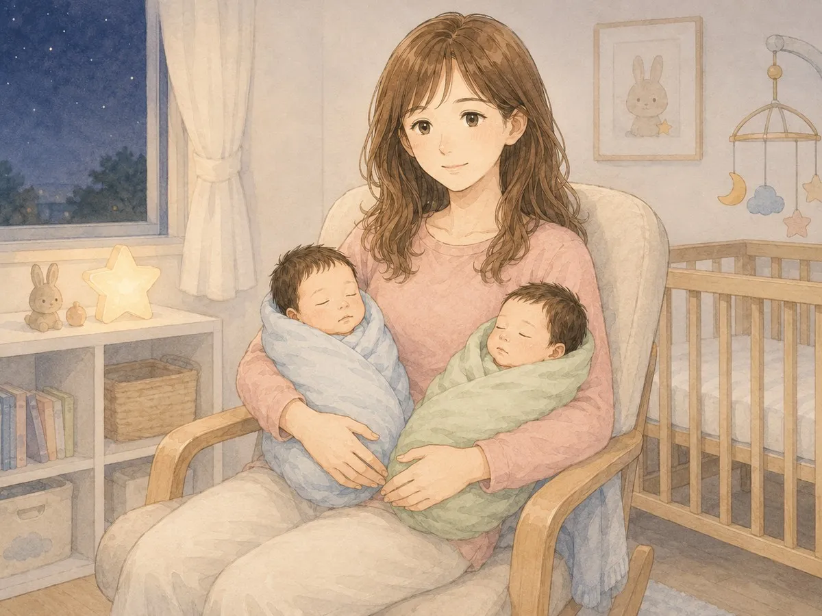 夜、退院したばかりの双子を抱えて奮闘するママの水彩イラスト