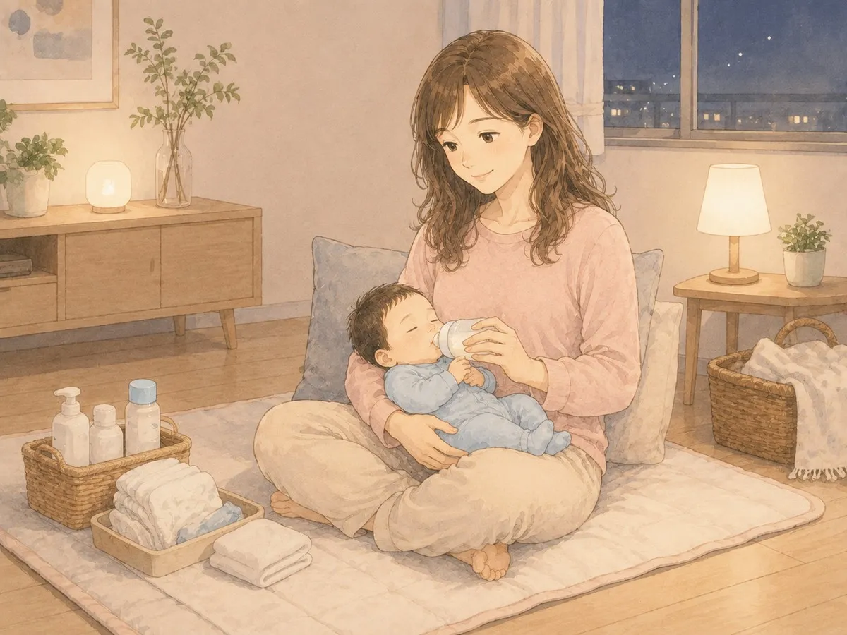 夜の授乳コーナーで、手元に物を揃えて赤ちゃんにミルクをあげるママの水彩イラスト