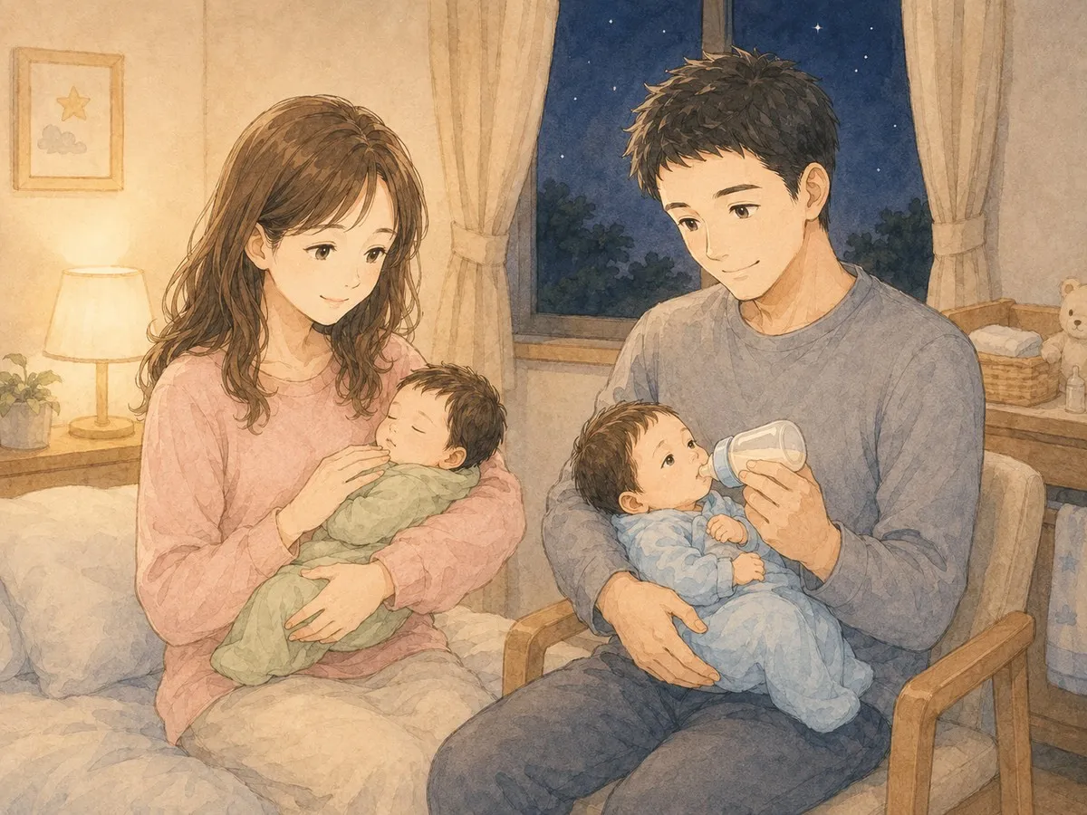 夜、パパとママが双子を1人ずつ分担して対応する水彩イラスト