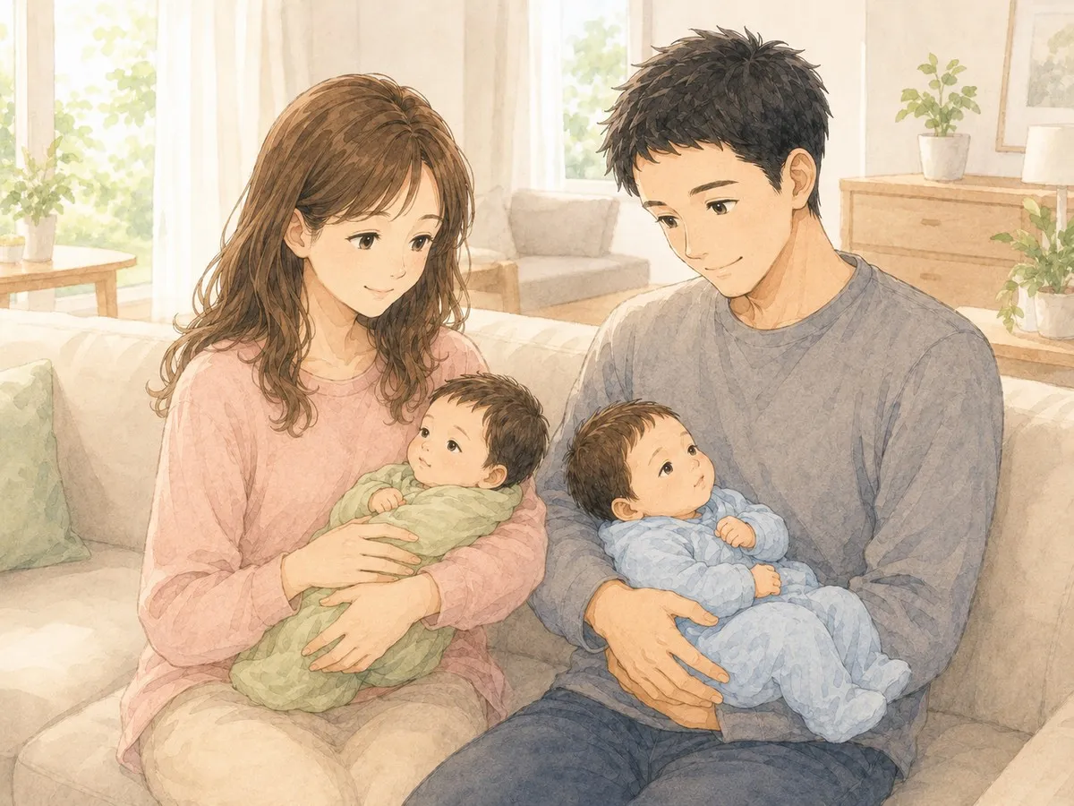 朝、無事に朝を迎えた家族の水彩イラスト