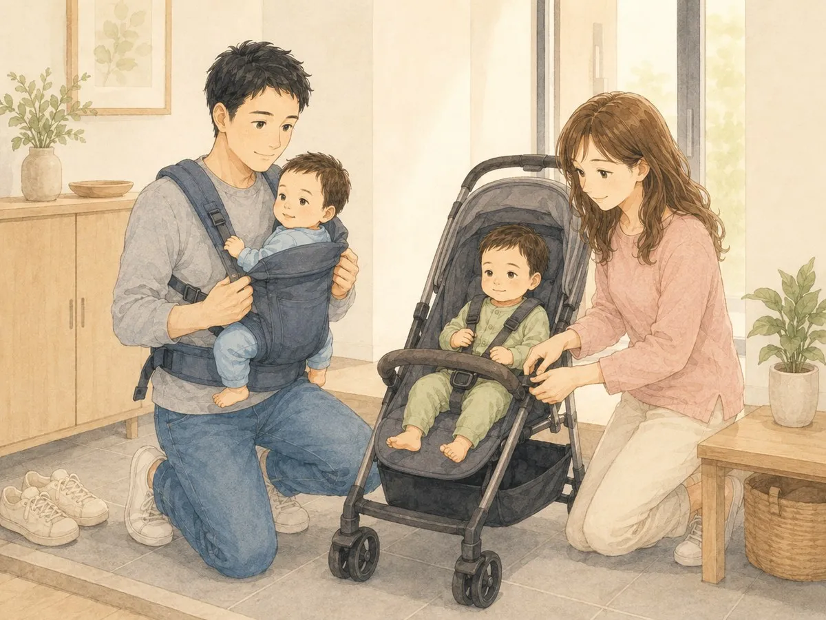 玄関で、パパとママがそれぞれ双子を1人ずつ抱っこ紐やベビーカーに準備して一緒に出かける2人体制の水彩イラスト