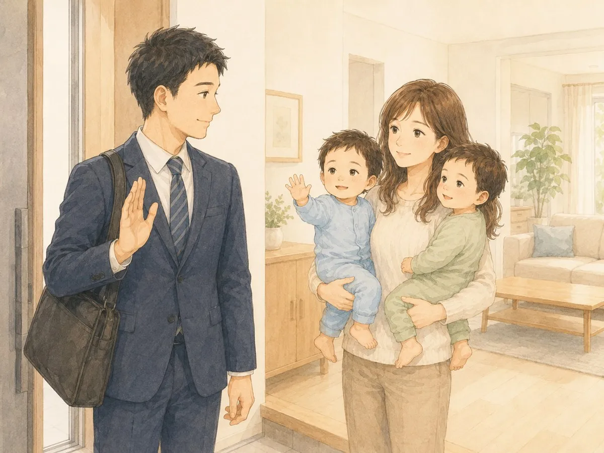 朝、スーツ姿のパパが仕事へ出かける前、双子を抱っこするママと双子に見送られる水彩イラスト