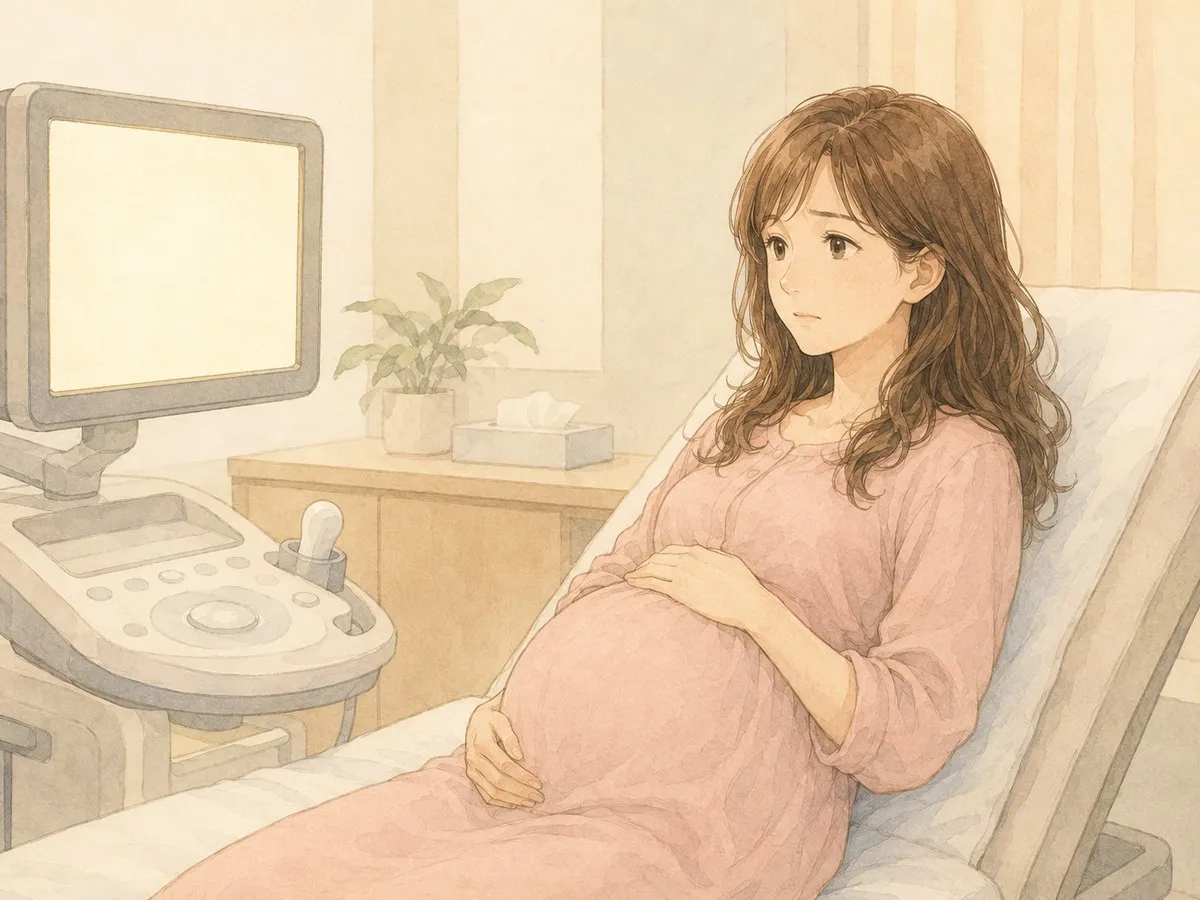 妊婦健診で、エコー画面を見つめる妊婦のママの水彩イラスト