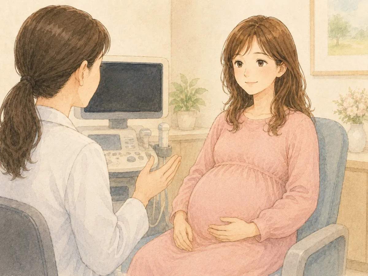 診察室で主治医の説明を聞いて、少し安堵する妊婦のママの水彩イラスト