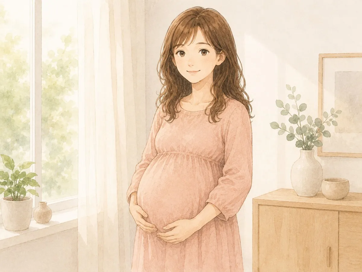 大きなお腹に手を添えて、静かに前を向く妊婦のママの水彩イラスト
