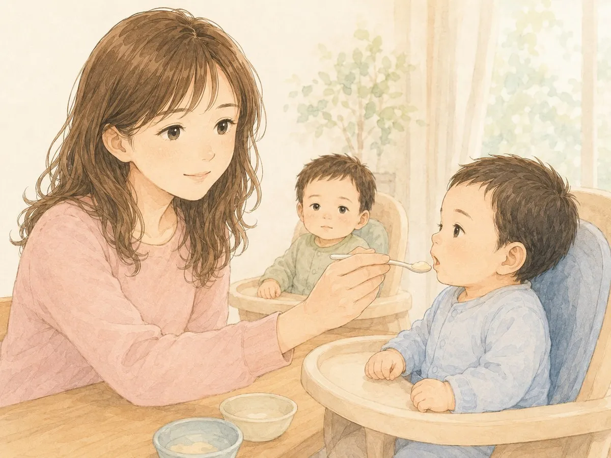 ダイニングで、お湯で溶いた少量をスプーンで赤ちゃんの口元へ慎重に運ぶママ。奥でもう一人の双子が待つ水彩イラスト