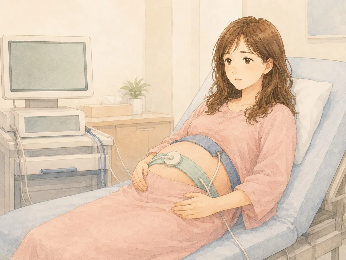 NSTモニターをつけて横になる、不安そうな妊娠中のママの水彩イラスト