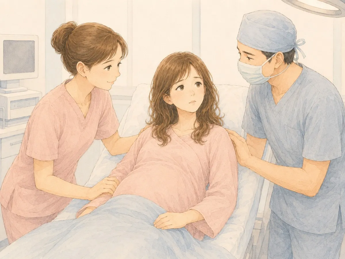 手術室で、緊張するママに看護師と麻酔科医がそっと寄り添う水彩イラスト