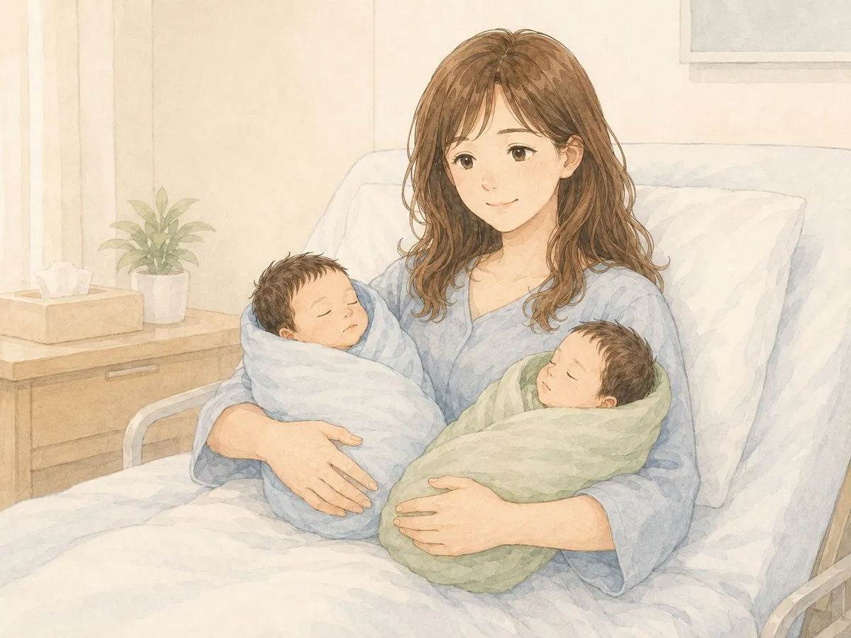 出産直後、生まれた双子をそっと抱くママの水彩イラスト