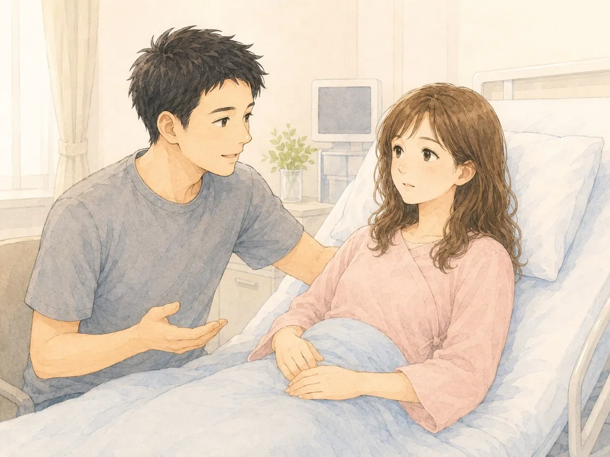病室で、聞いてきた医師の説明をママに伝えるパパの水彩イラスト