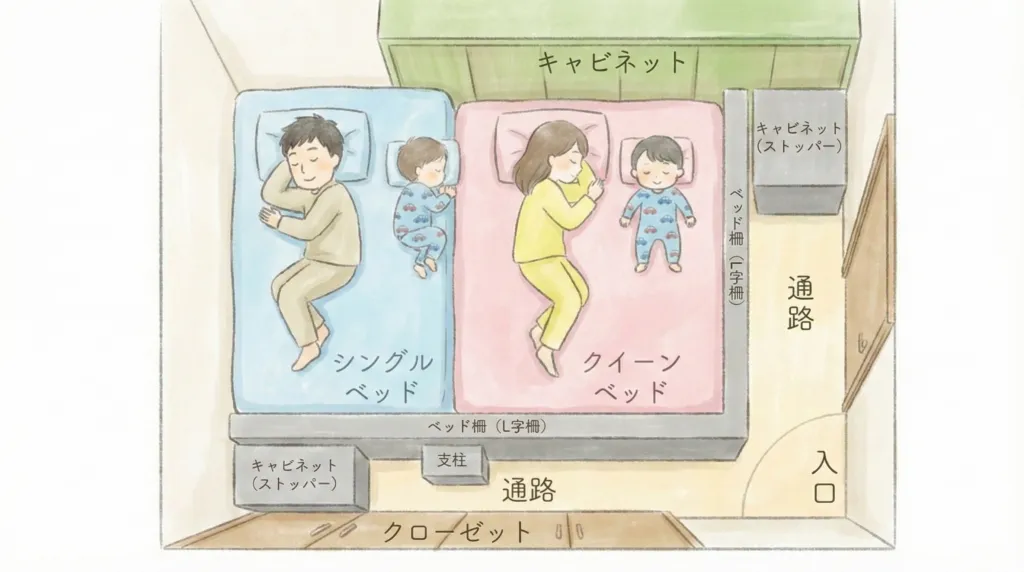 家族4人のクイーン+シングルベッド寝室レイアウト図
