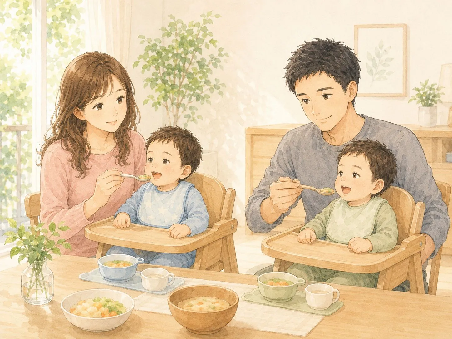 明るいダイニングで、パパとママが双子に1人ずつ離乳食をあげる水彩イラスト