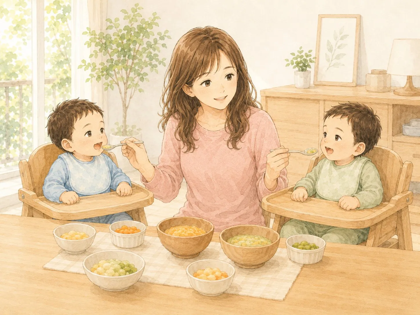 ママが1人で、左右のハイチェアに座った双子に交互に離乳食をあげる水彩イラスト