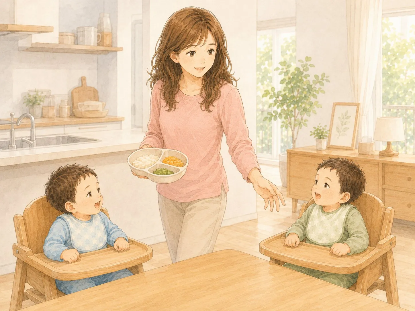 3つ又に分かれた1食まとまり型の器を片手で運ぶママと、ハイチェアで待つ双子の水彩イラスト