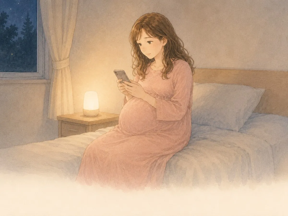 夜、スマホで検索しながらうつむく妊娠中のママの水彩イラスト