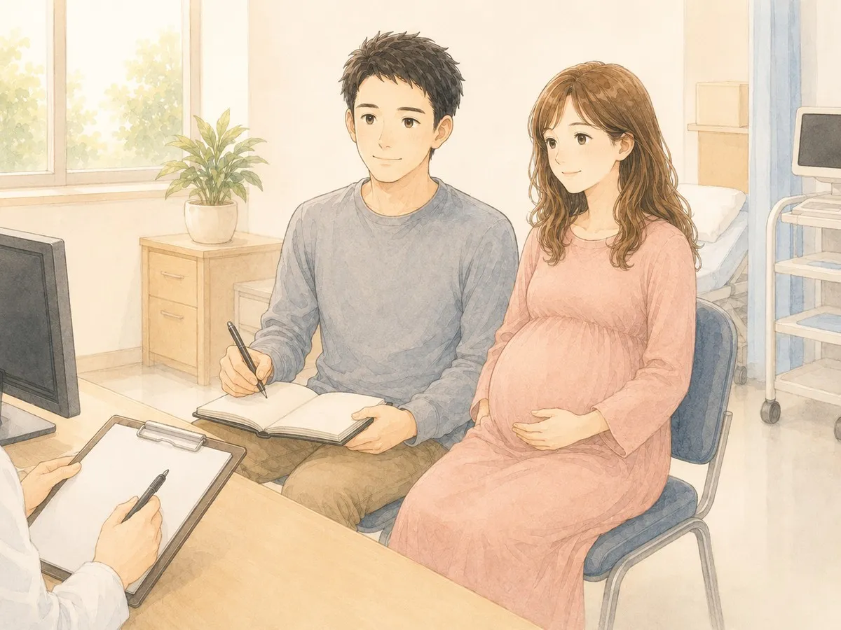 診察室でパパとメモを取りながら先生の説明を聞く夫婦の水彩イラスト