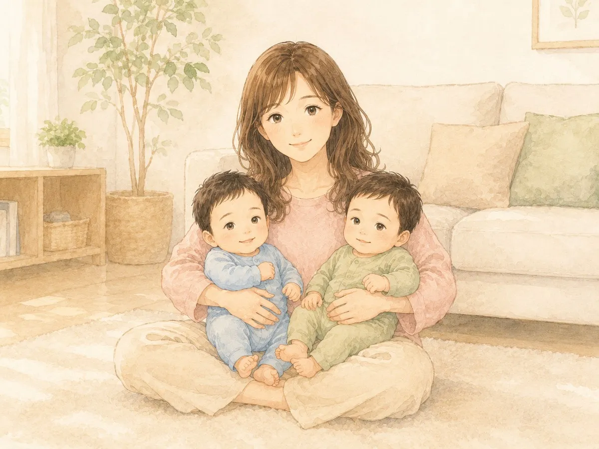 双子と穏やかに過ごすママの水彩イラスト