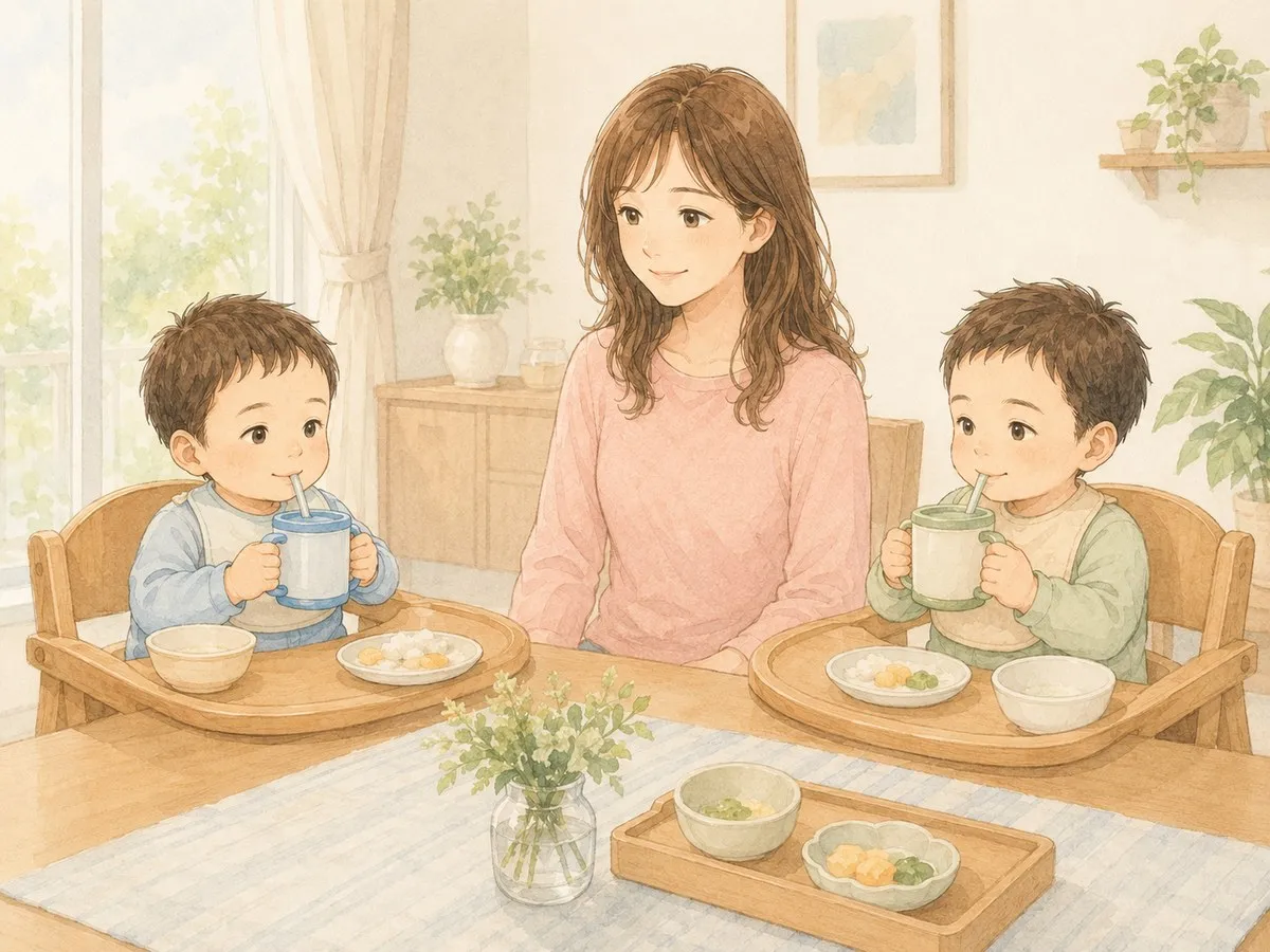 離乳食のあと、食事椅子に座った双子（よちよち期）がストローマグでフォローアップミルクを飲み、ママが見守る水彩イラスト