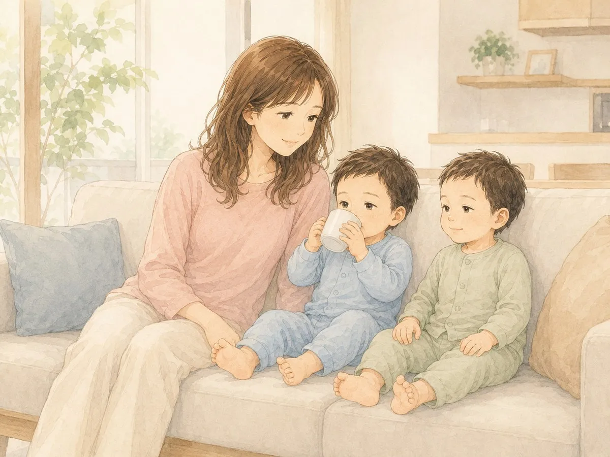 フォローアップミルクを卒業したあと、リビングのソファで双子と寄り添い、コップで水分をとる穏やかな日常の水彩イラスト