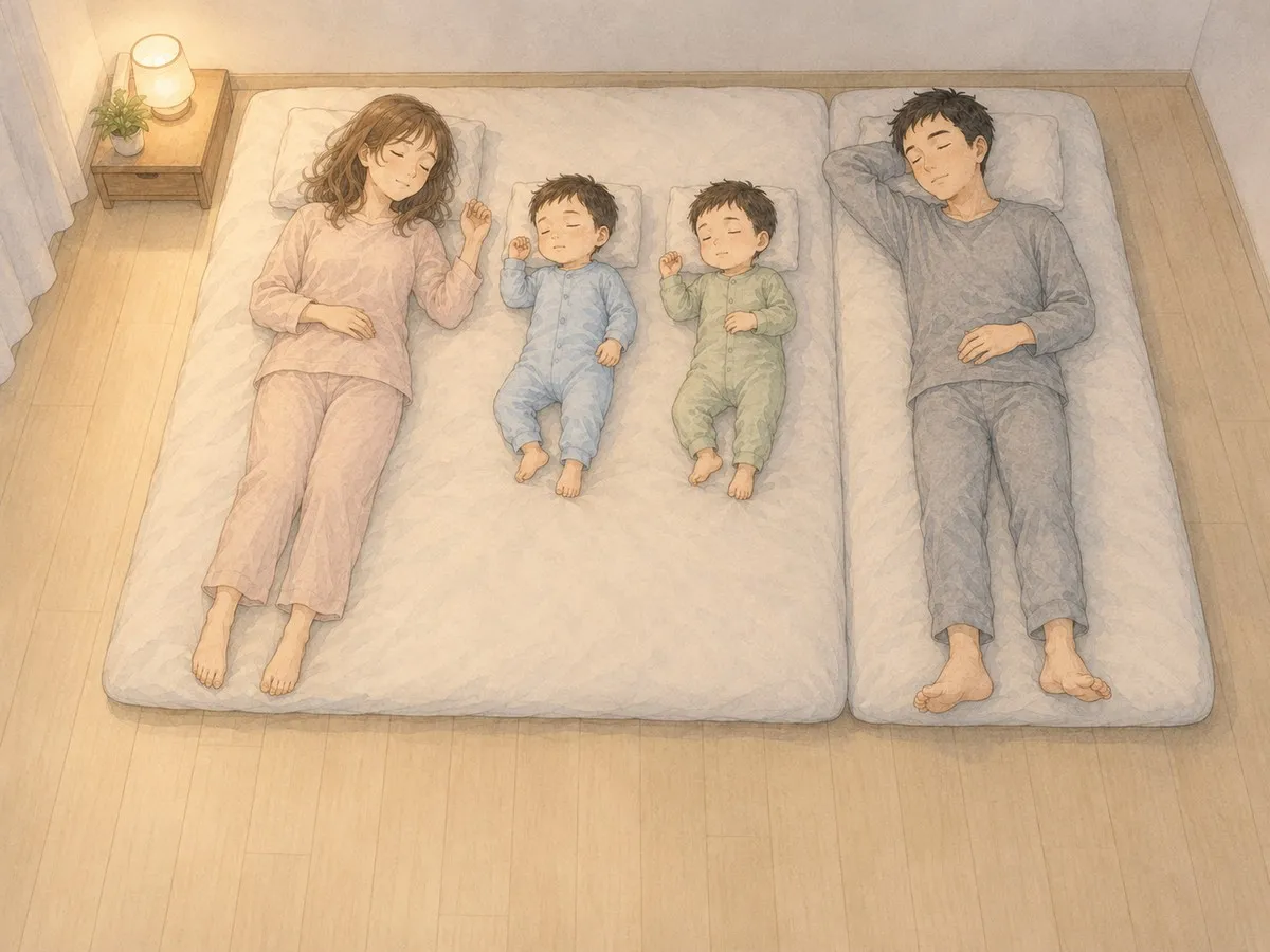 6畳の寝室で、家族4人が川の字で眠る様子を斜め上から見た水彩イラスト