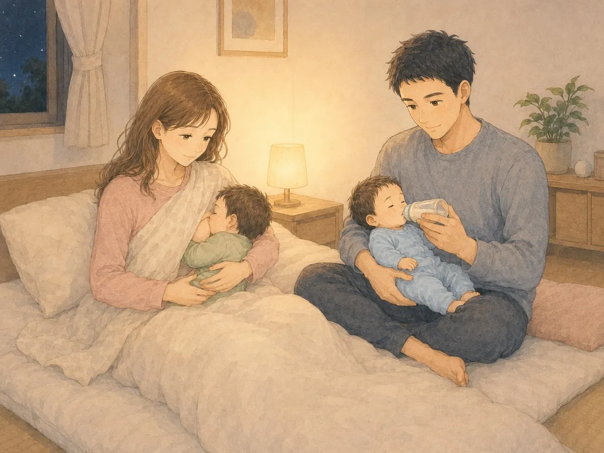 夜、ママが兄を授乳し、パパが弟にミルクをあげる担当制の水彩イラスト