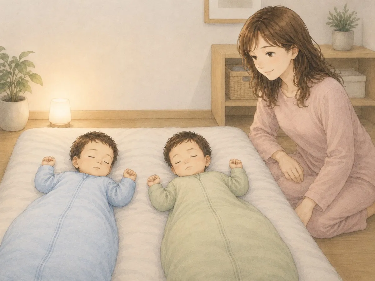 スリーパーを着た双子が眠り、ママがそばで見守る水彩イラスト