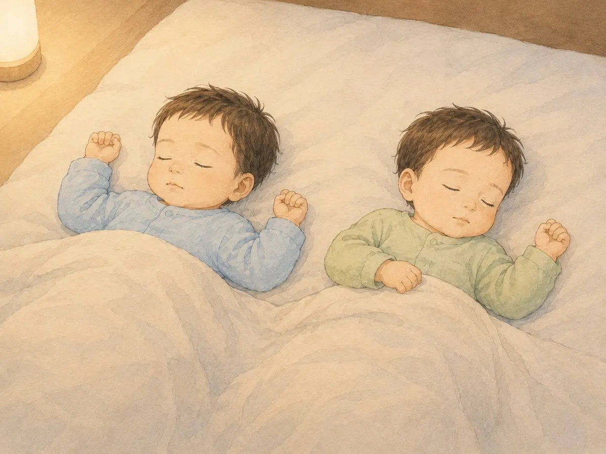 シンプルに整えた寝床で、双子が並んで穏やかに眠る水彩イラスト