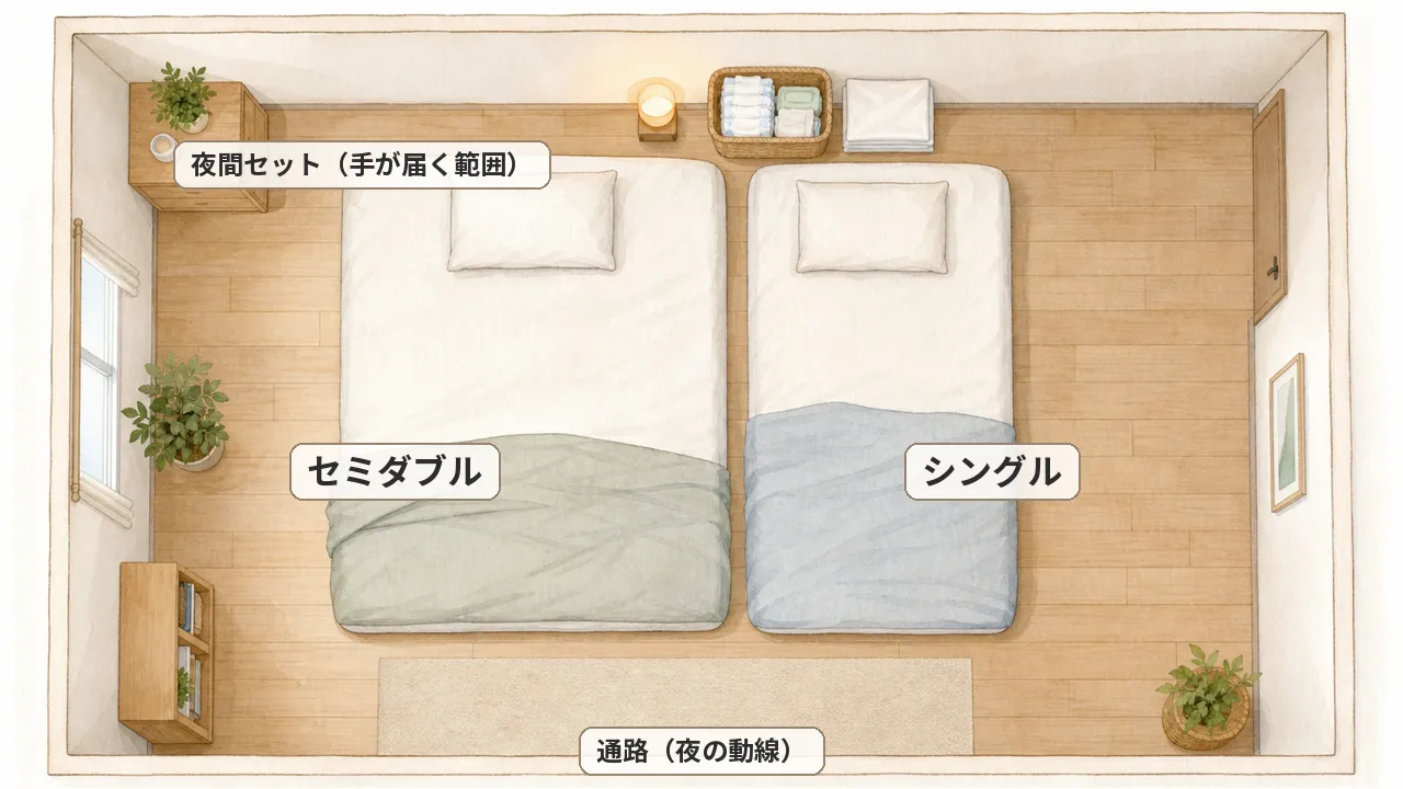 双子の6畳寝室レイアウト：セミダブル＋シングルの配置と夜間セットの俯瞰図
