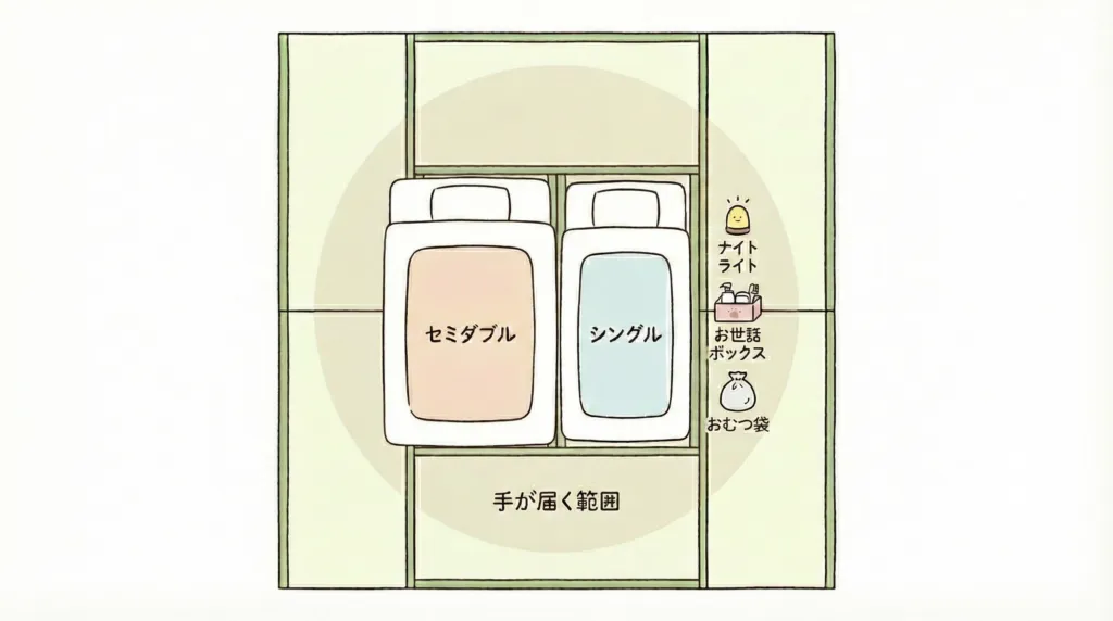 双子の6畳寝室レイアウト：セミダブル＋シングルの配置図