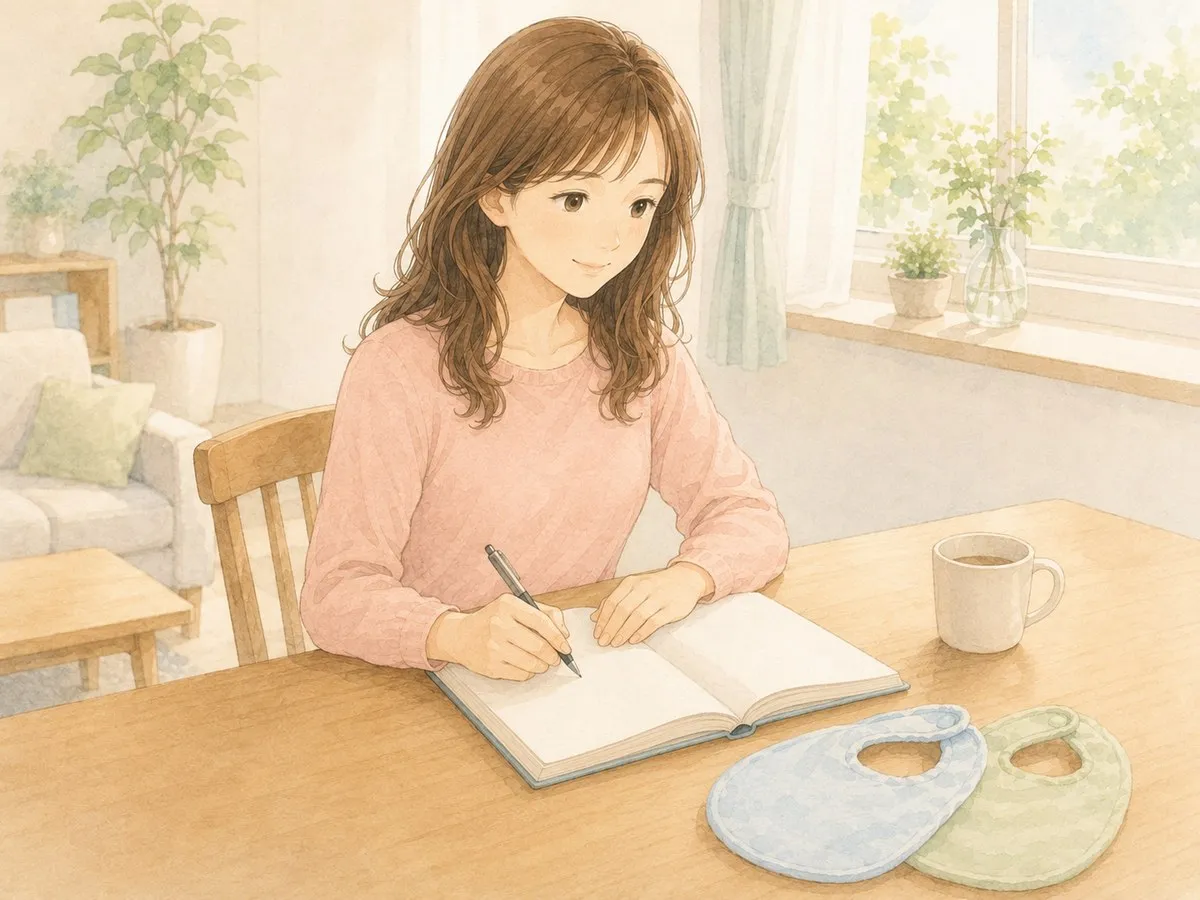自宅のダイニングで、双子妊娠・育児の用語をノートに書き留めて整理するママの水彩イラスト