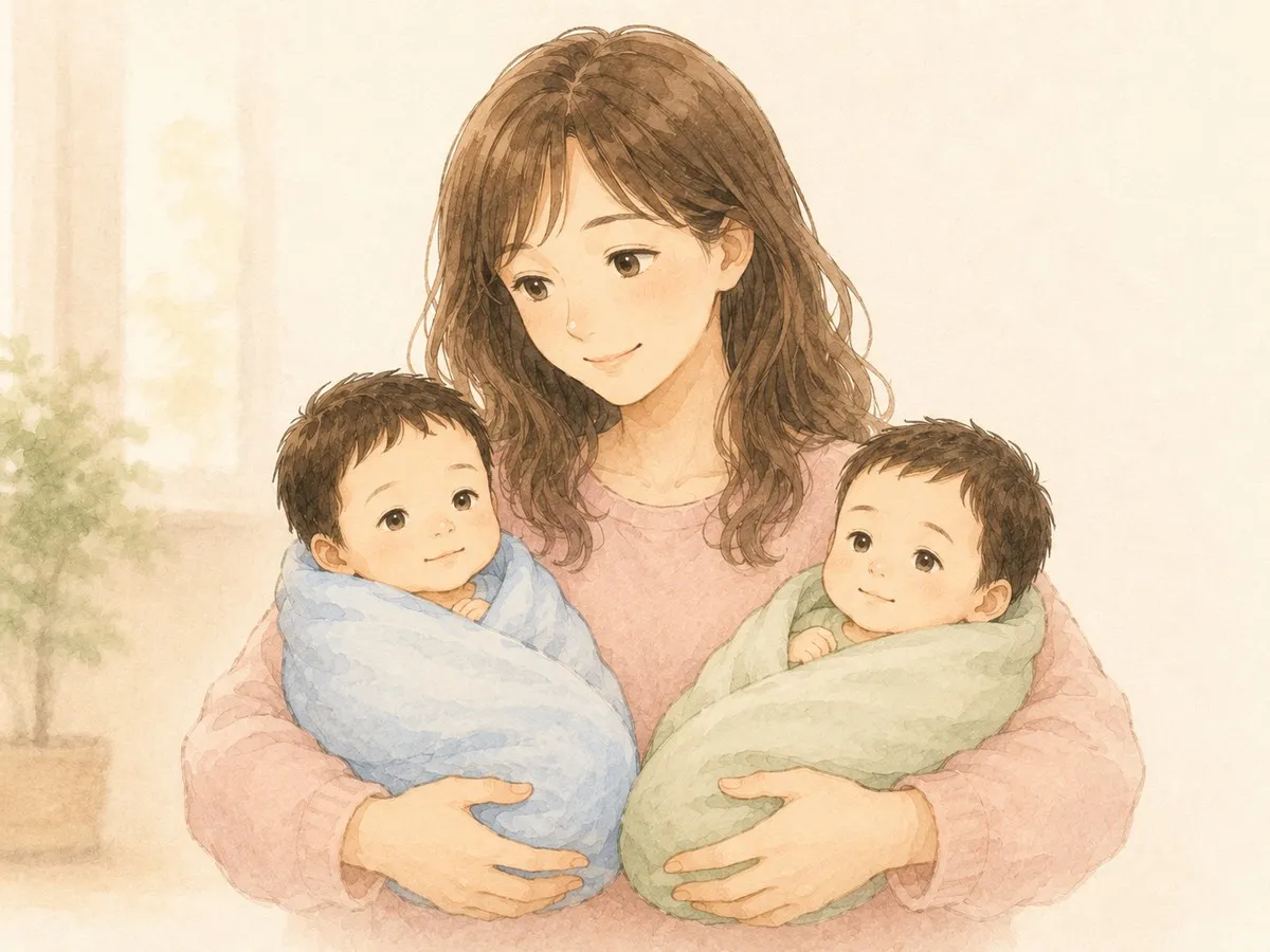 ママが大きさの違う双子を両腕にやさしく抱く水彩イラスト