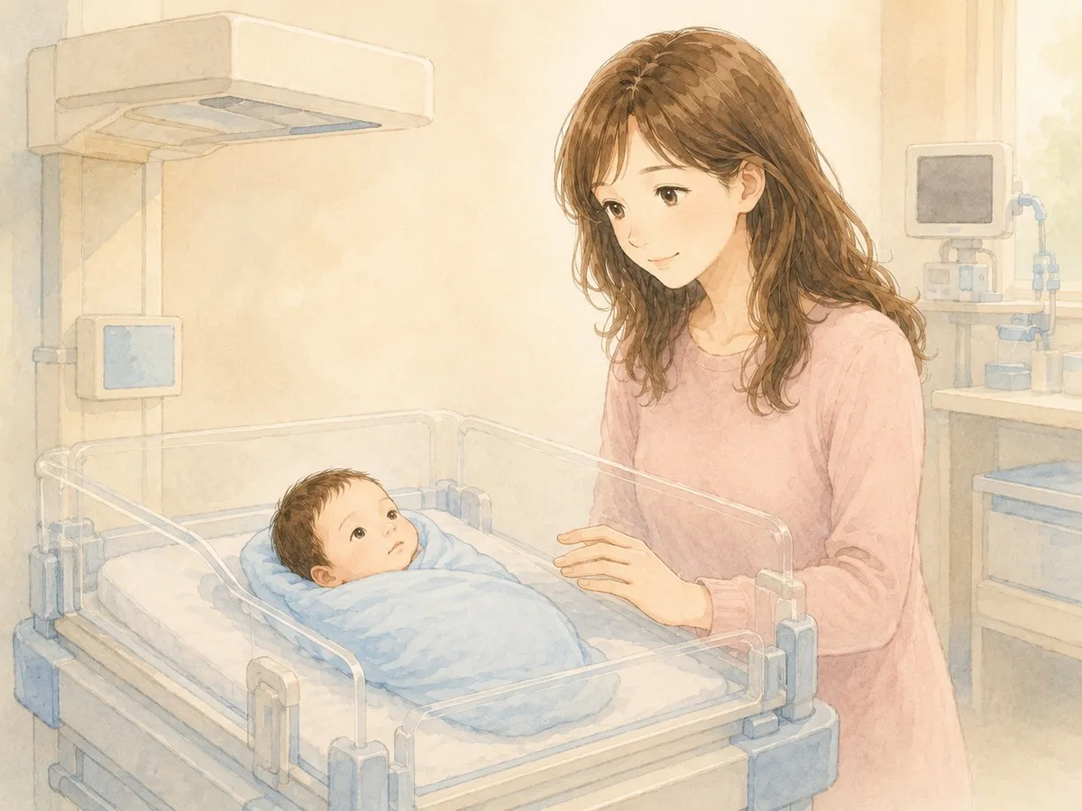 NICUの保育器のそばで、小さな赤ちゃんに手を伸ばすママの水彩イラスト