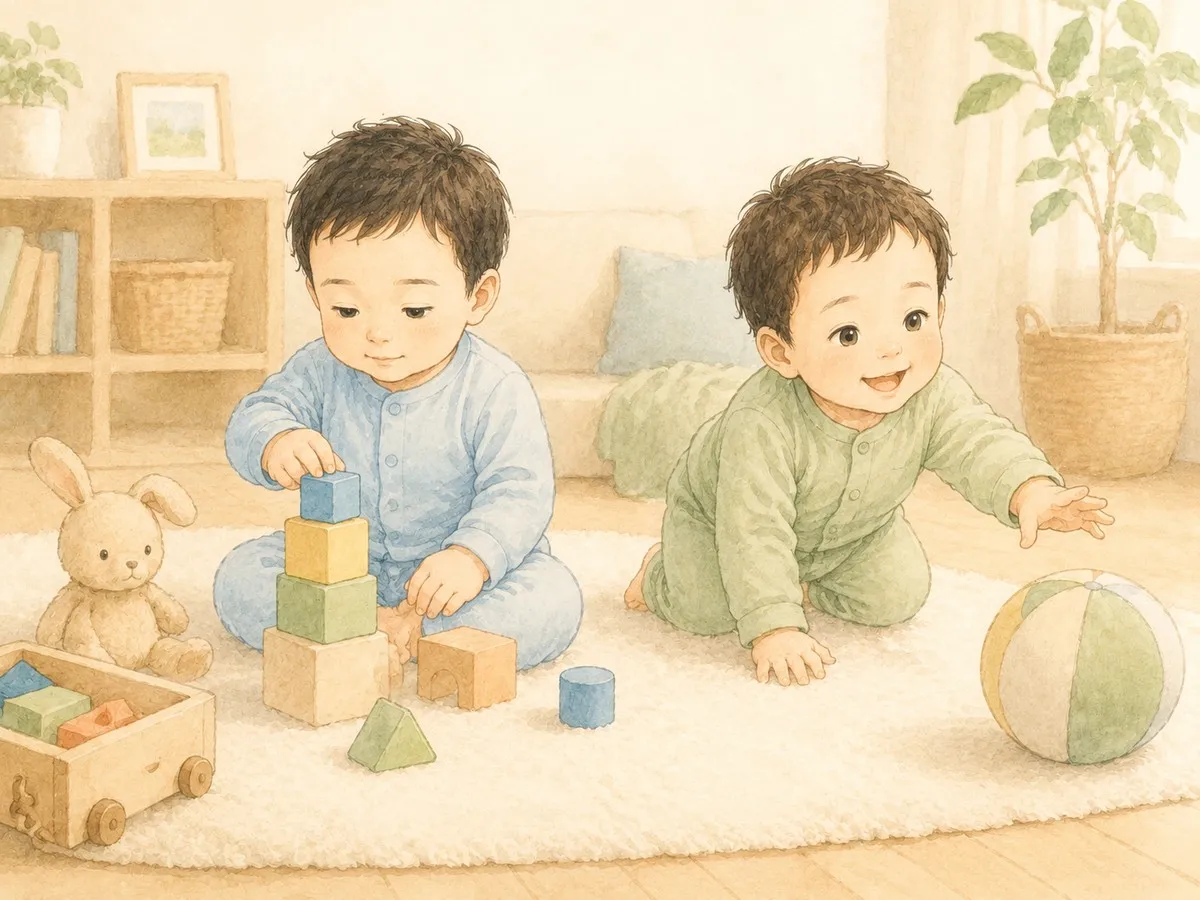 性格の違う双子が、思い思いのおもちゃで遊ぶ水彩イラスト