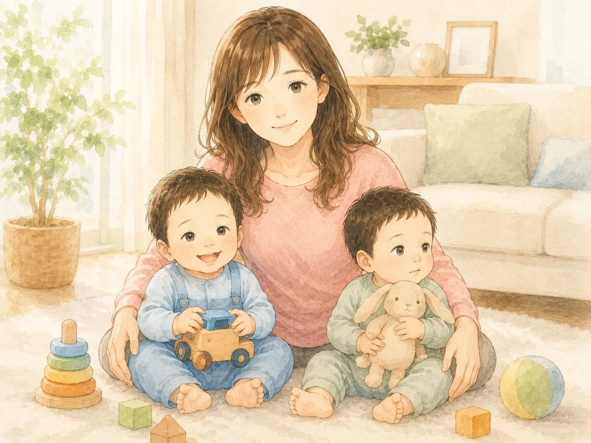 ママと双子が並んで、穏やかに過ごす水彩イラスト