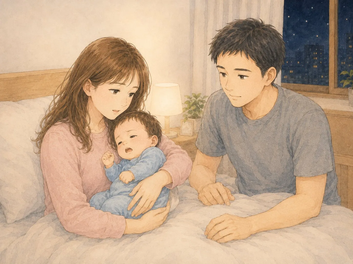 夜、ぐずる赤ちゃんの対応を夫婦で一緒に乗り切るパパとママの水彩イラスト