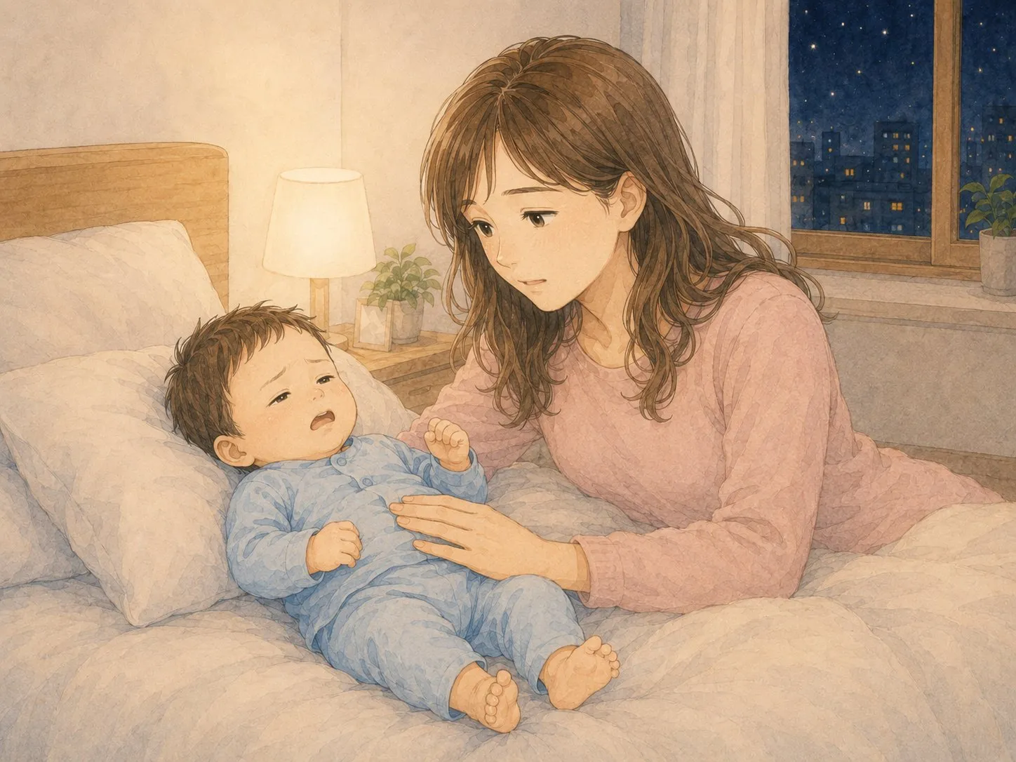 夜、寝つけずぐずる赤ちゃんを心配そうに見守り、お腹をやさしくさするママの水彩イラスト