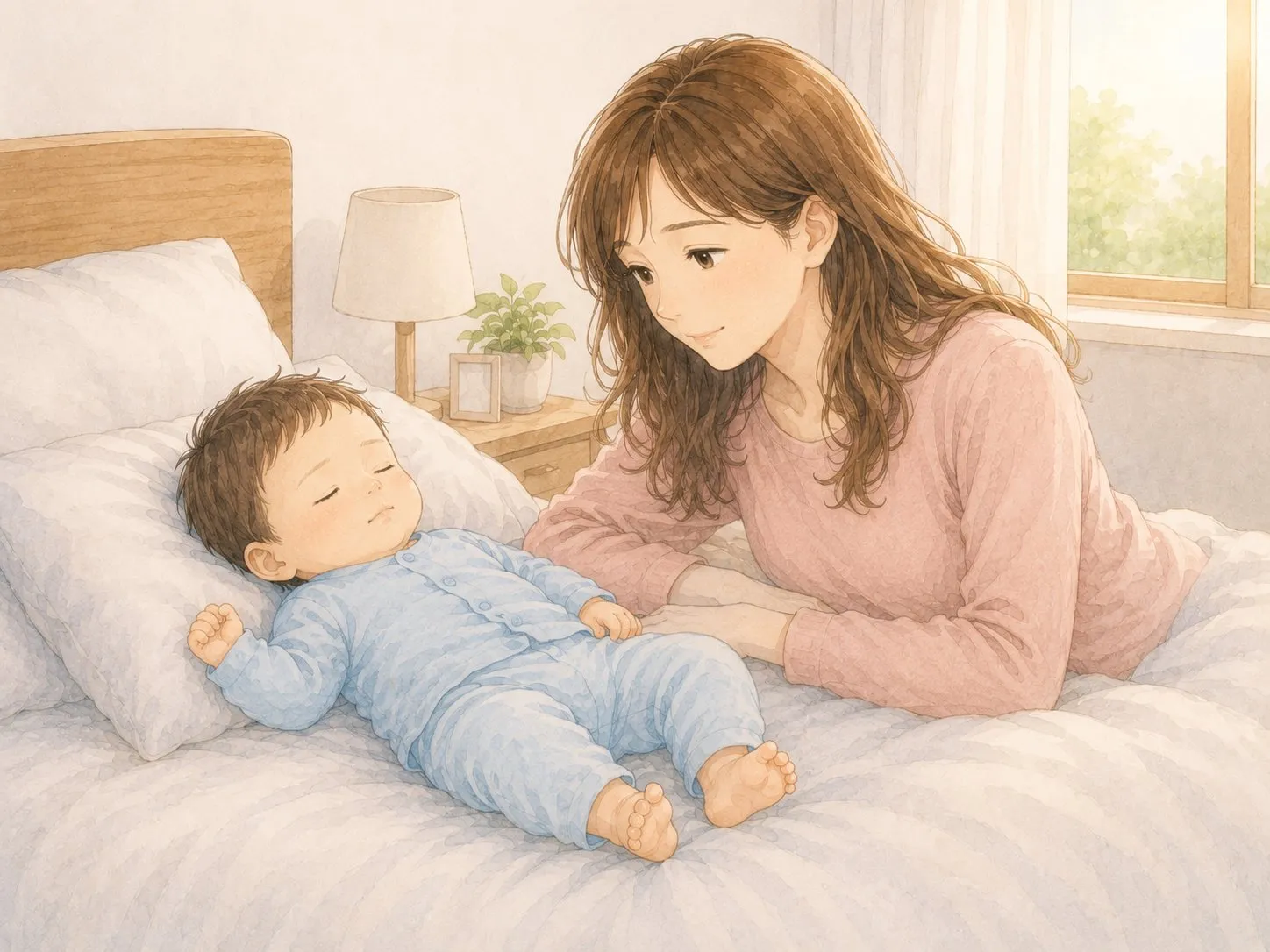 明け方、ようやく落ち着いて眠る赤ちゃんを見てほっとするママの水彩イラスト