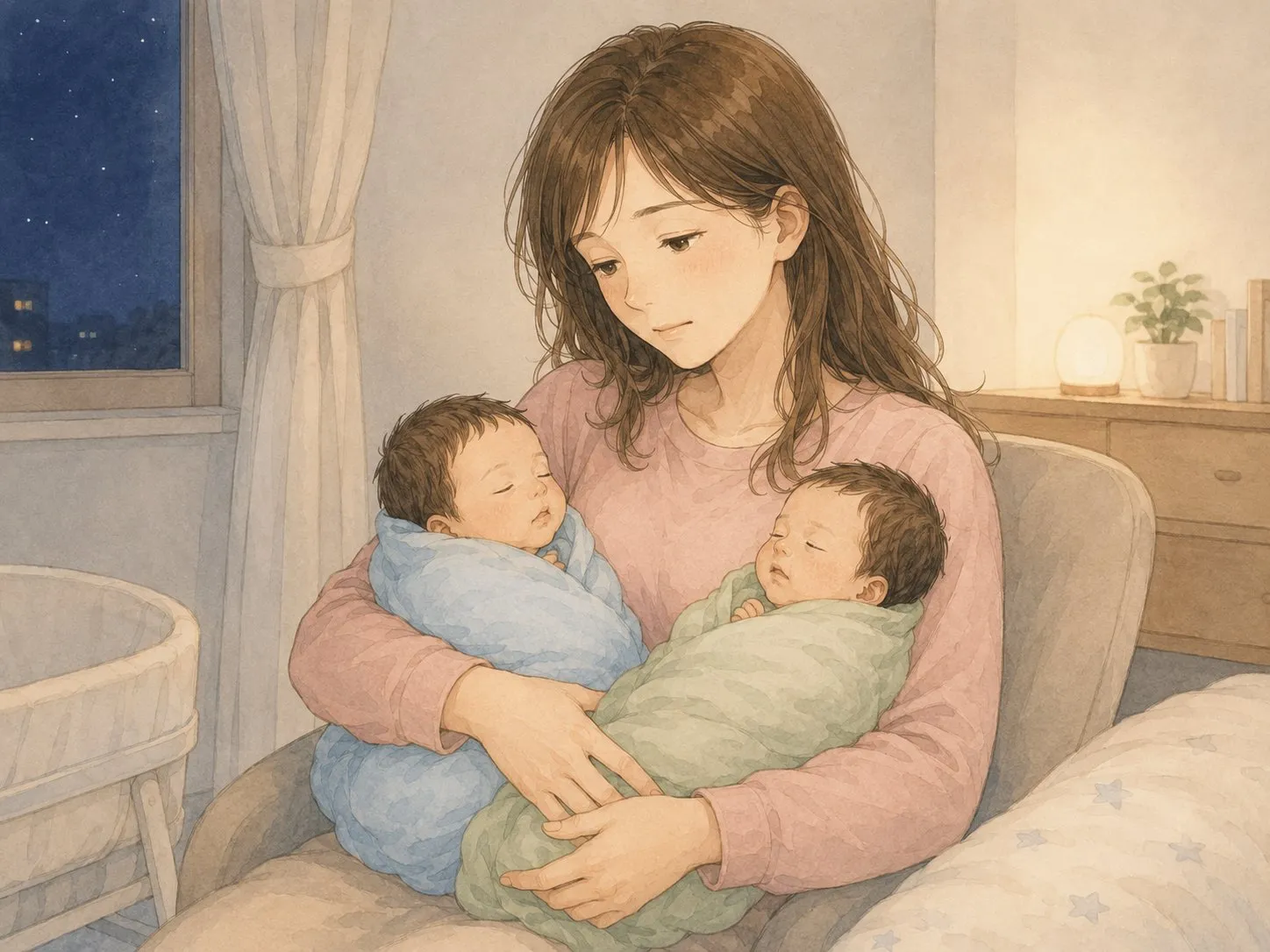 夜、0〜2ヶ月の双子を抱っこであやし寝かしつけるママの水彩イラスト