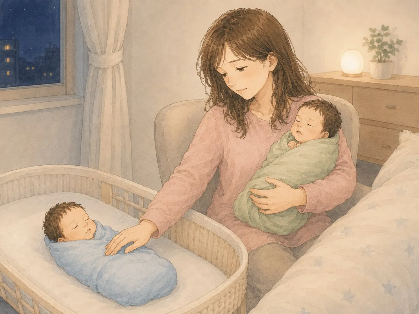 夜、片方の赤ちゃんを寝床にそっと置き、もう片方を抱っこするママの水彩イラスト