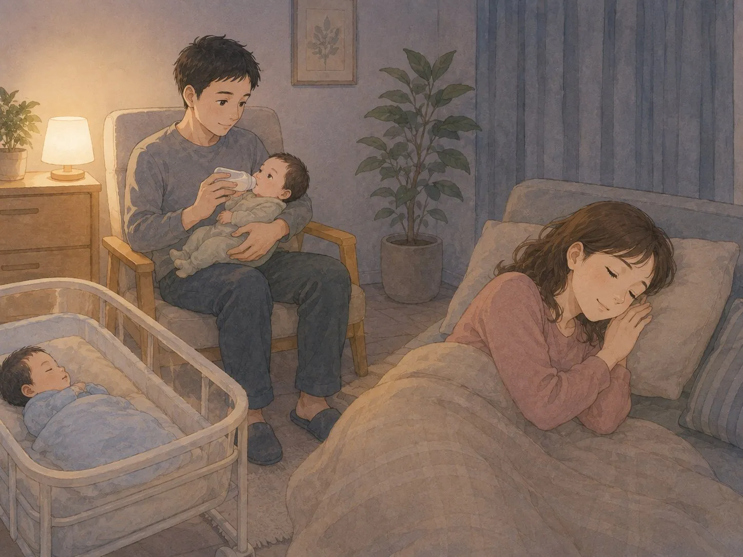 夜、パパが赤ちゃんの対応をする間にママが休む、交代制の水彩イラスト