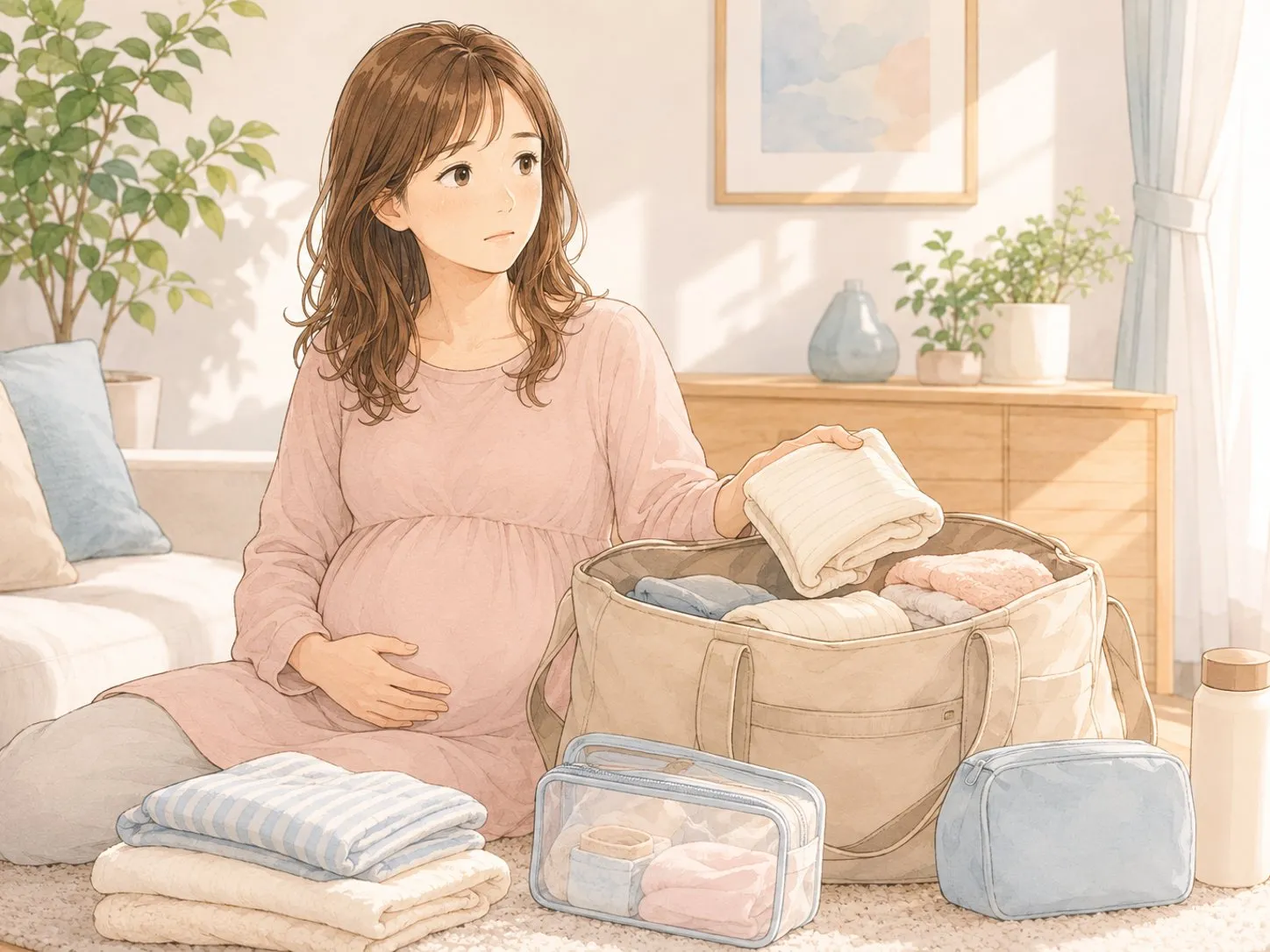 自宅で、管理入院に備えて入院バッグを準備する妊娠中のママの水彩イラスト