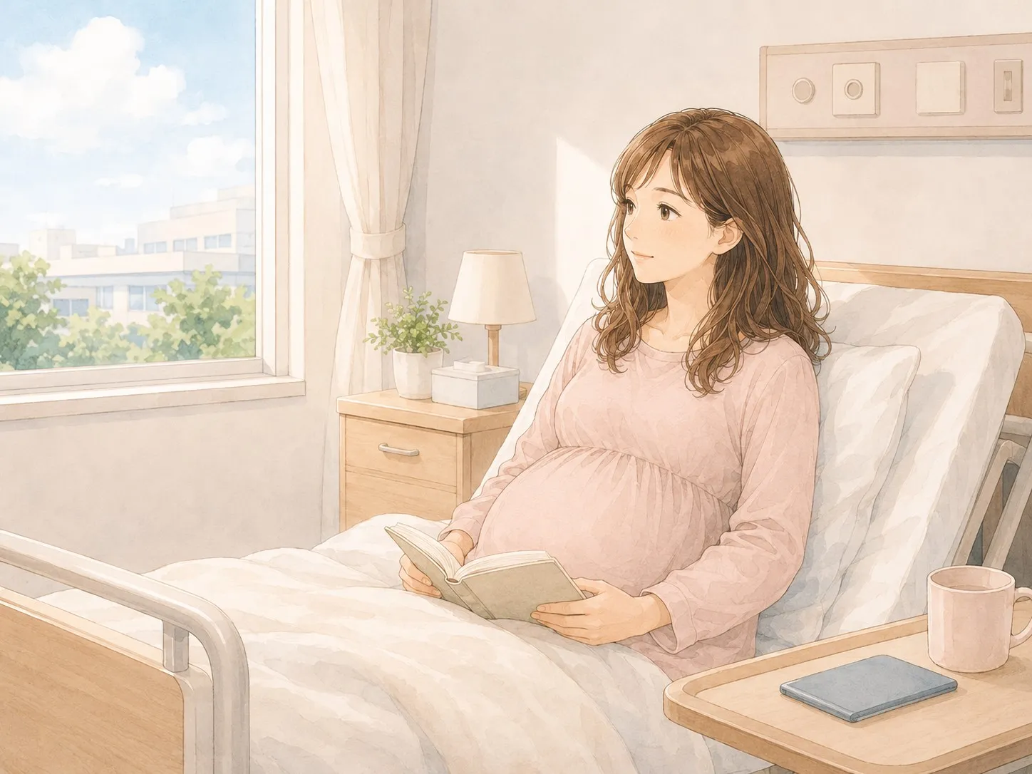 病室のベッドで、本を読みながら穏やかに過ごす妊娠中のママの水彩イラスト