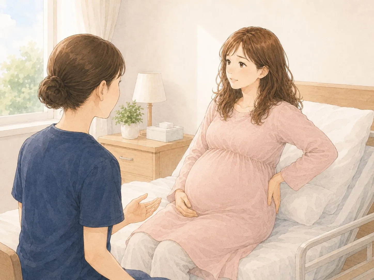病室で、腰のつらさを看護師さんにそっと相談する妊娠中のママの水彩イラスト