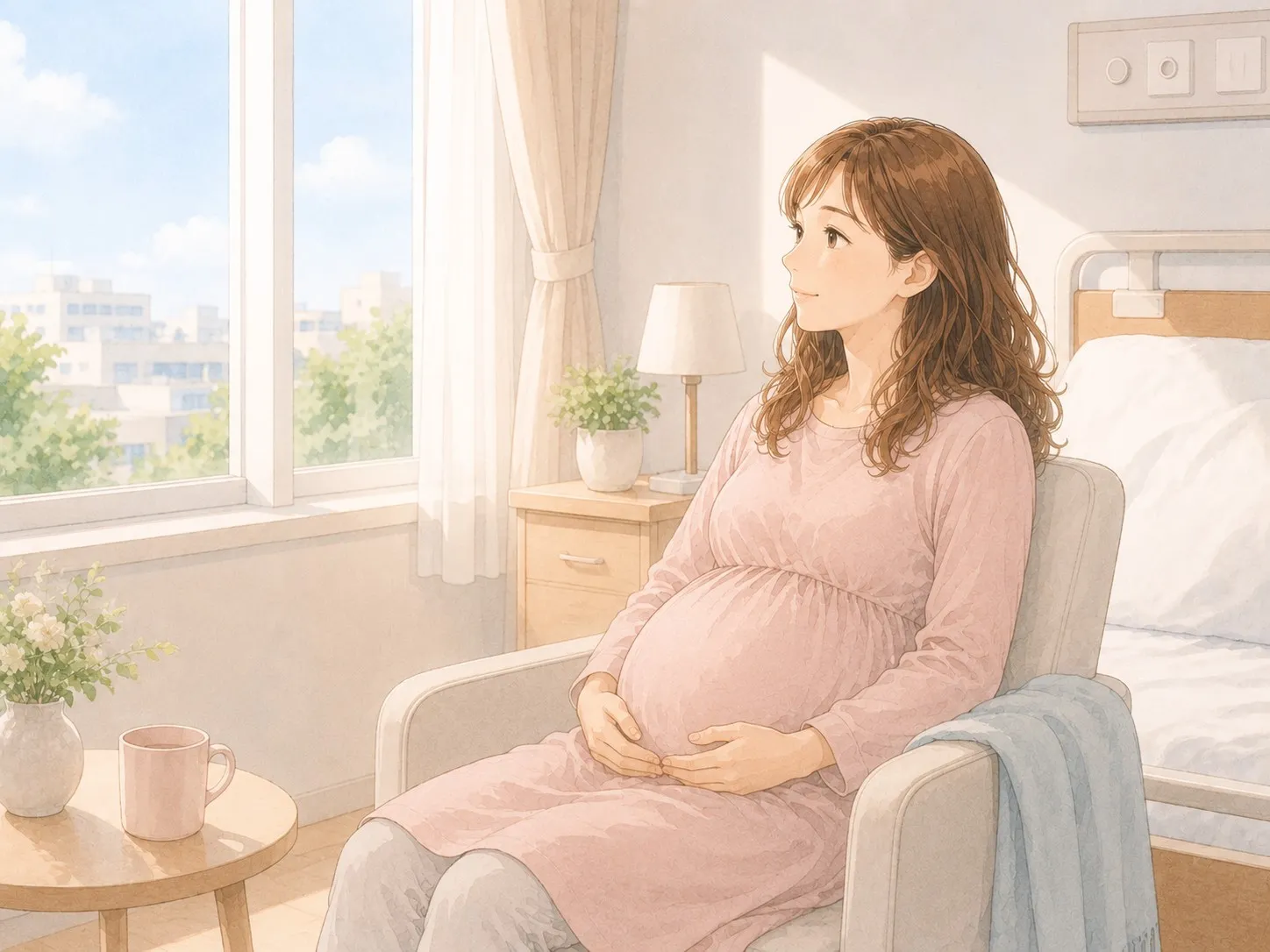病室の窓辺で、前向きな気持ちで穏やかに過ごす妊娠中のママの水彩イラスト