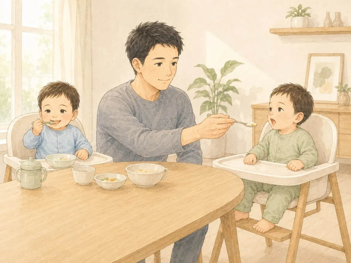 ダイニングで、ハイチェアの弟にパパがスプーンを差し出して待ち、兄は自分のペースで食べている水彩イラスト