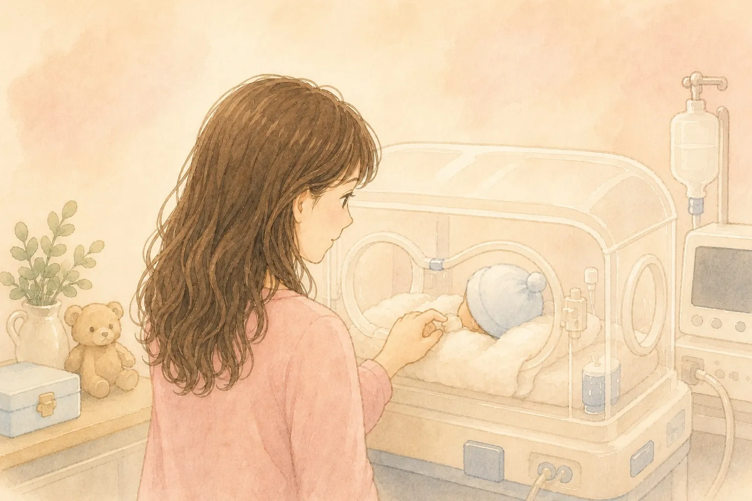 入院中の赤ちゃんを見守るママの水彩イラスト