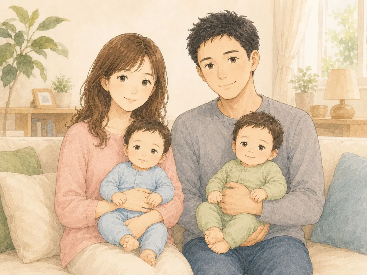 パパとママがそれぞれ双子を1人ずつ抱っこする担当制の水彩イラスト
