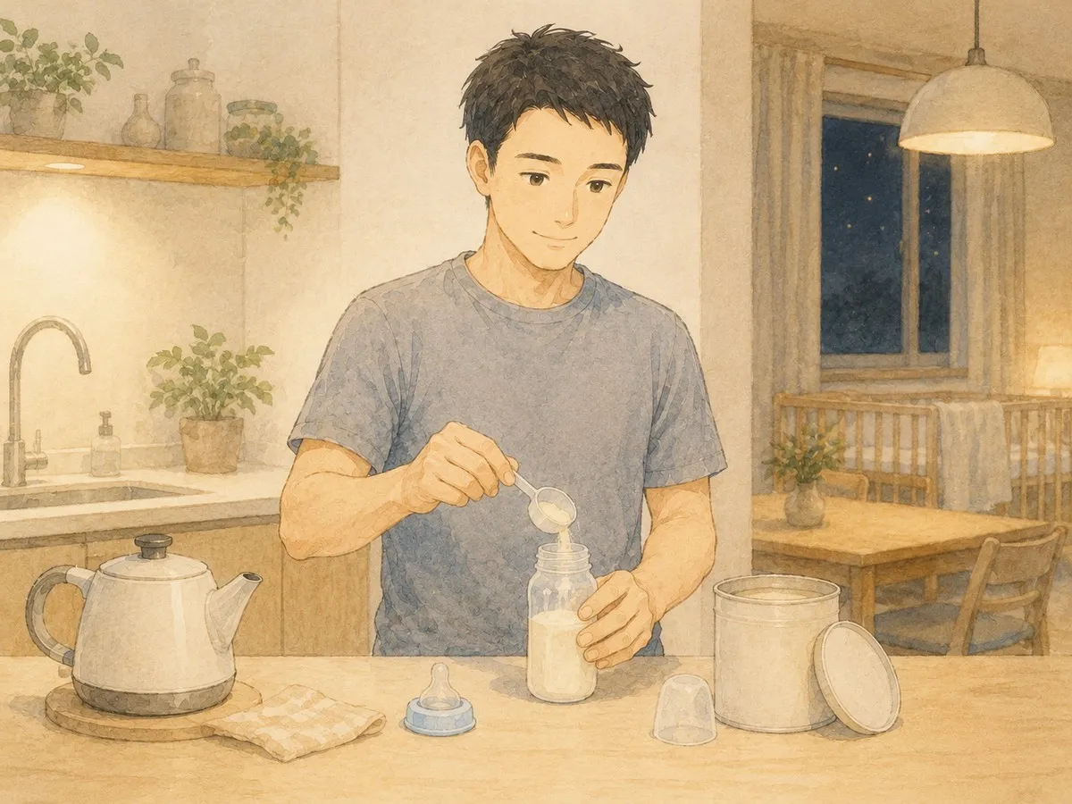夜のキッチンでパパがミルクを作る水彩イラスト